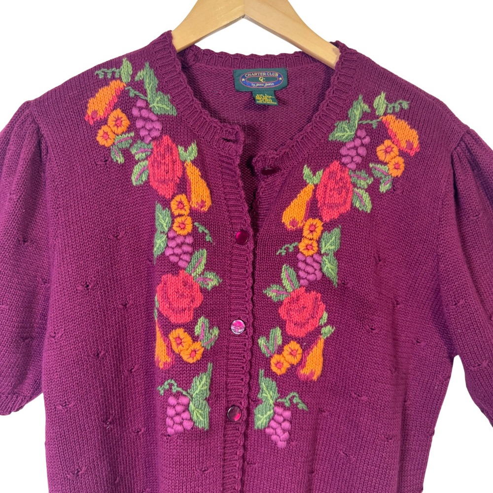 VTG‎ Charter Club Womens Top Large Burgundy Fruit Floral Embroidered Sweater